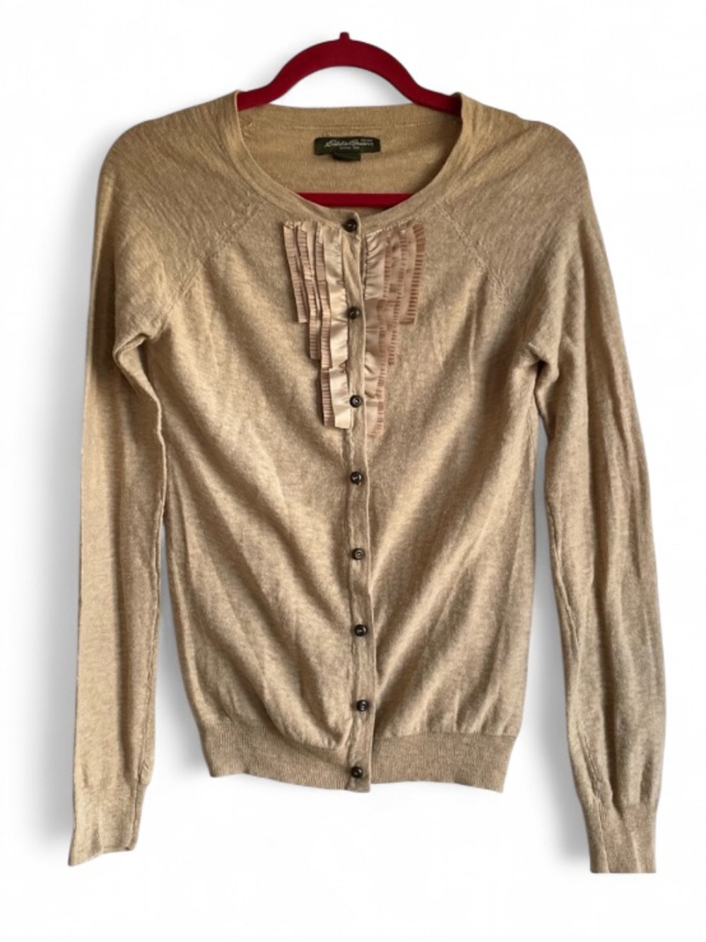 Eddie Bauer 100% Cotton Tan Ruffle Front Lightweight Cardigan Size M